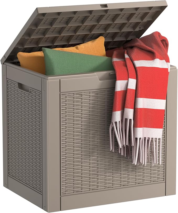 EasyUp 31 Gallon Outdoor Storage Box, Resin Waterproof UV-Resistant Deck Box, Reinforced Stability for Patio, Garden, and Poolside, Rattan Gray by EASYUP