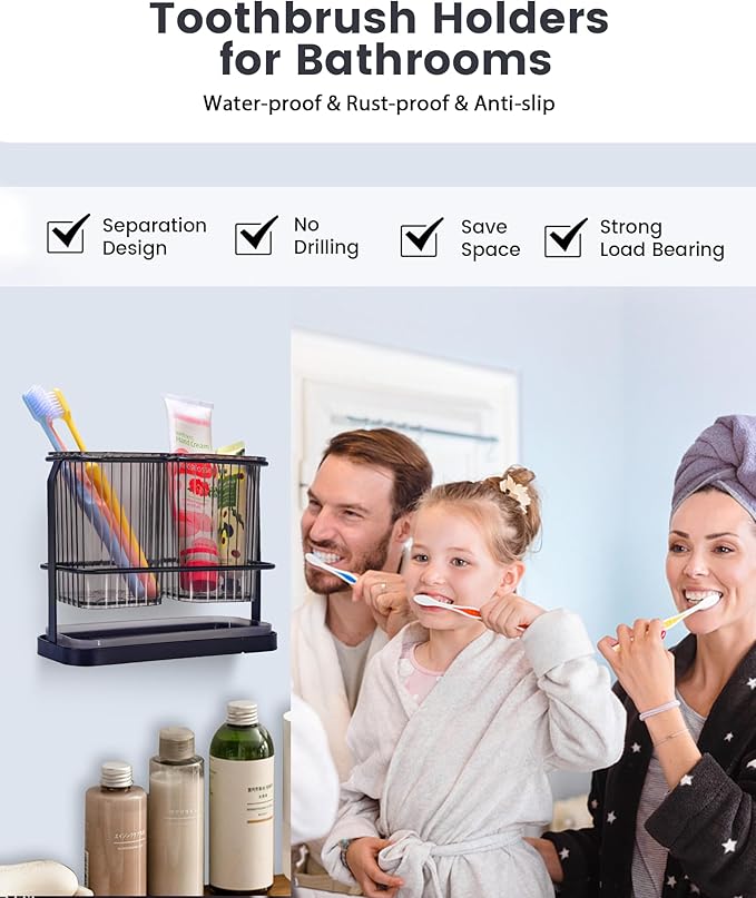 KONE Black Toothbrush Holders for Bathrooms, 2 Cups Toothbrush Holders Wall - Image 3