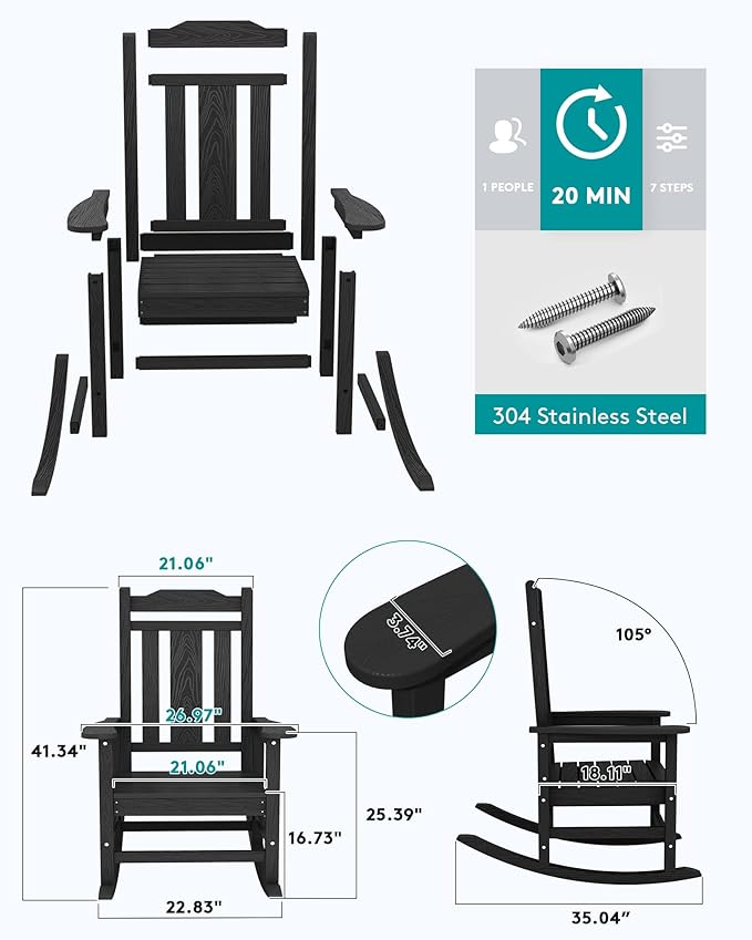 SERWALL Outdoor Rocking Chair Set of 6, Patio Rocking Chair Sets, HDPE Rocking Chair for Adults, Black - Image 2