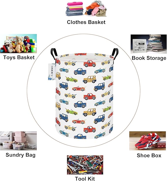 Round Foldable Kids' Racing Cars Laundry Hamper Boys Gift Basket Vehicles - Image 3