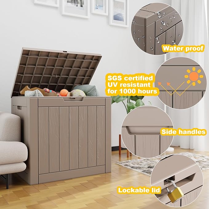 30 Gallon Outdoor Deck Box, Lockable Waterproof Outdoor Storage Boxes For Garden Tools,Indoor Cushions,Accessories Outside Storage Resin Weatherproof Container(Grey) - Image 6