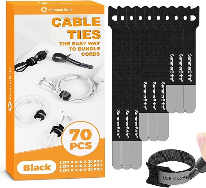 70 Pack Black Cable Ties Assorted Sizes by Summerbrite