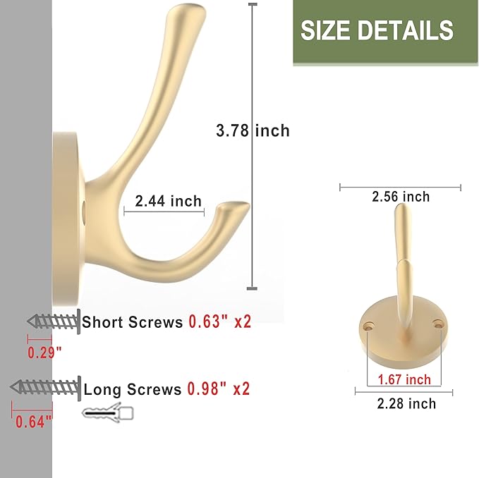 Gold Coat Hooks for Wall, 2 Pack Heavy Duty Towel Robe Hooks, Hats Hooks for - Image 7