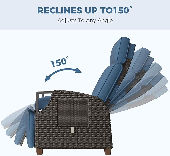 Grand patio Outdoor Recliner Air Pump 150° Lay Flat Reclining Chair with Independent Adjustable Back and Footrest Removable Olefin Cushion Flip-Up Table Wicker Peacock Blue 2PCS - Image 4