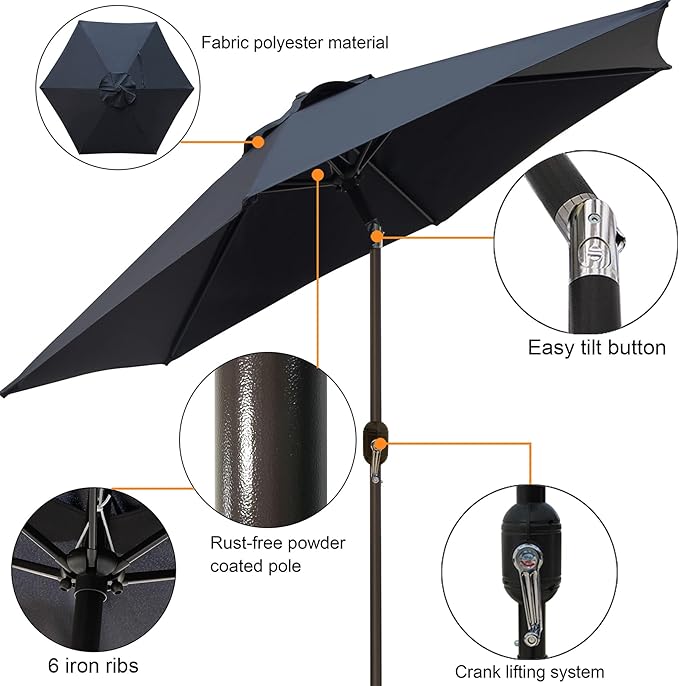 Blissun 7.5 ft Patio Umbrella, Yard Umbrella, Outdoor Market Umbrella with Push Button Tilt Crank (Black) - Image 2