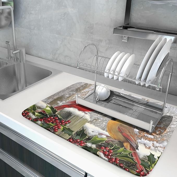 Winter Birds Dish Drying Mat Red Berry Dish Drainer Rack Mat Microfiber - Image 5