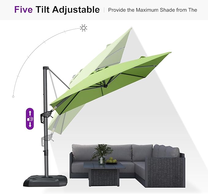 PURPLE LEAF 8 Feet Square Cantilever Umbrella Patio Umbrella with Base Outdoor Umbrella Aluminum Offset with 360-degree Rotation for Garden Deck Pool Patio Apple Green - Image 6