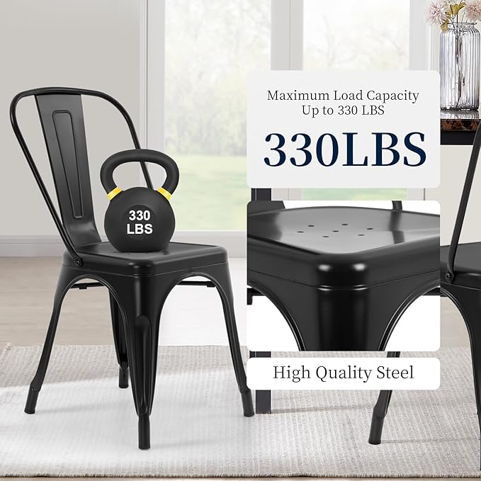 FDW | Metal Dining Chairs | Set of 4 | Black | Stackable Tolix Side Chairs with Backrest | Scratch-Resistant | Non-Slip Feet | Indoor/Outdoor Use | 330 lbs Capacity | for Kitchen & Restaurant - Image 6