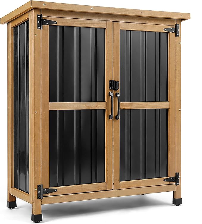 PetsCosset Weatherproof Outdoor Storage Cabinet with Lockable Doors, Wood & Metal Garden Storage Shed Patio Storage Box for Tools & Lawn Equipment, Pool Accessories by PETSCOSSET