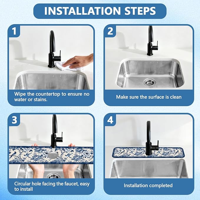 2 Pcs Kitchen Sink Splash Guard Faucet Mats Vintage Porcelain Flowers and Birds - Image 4