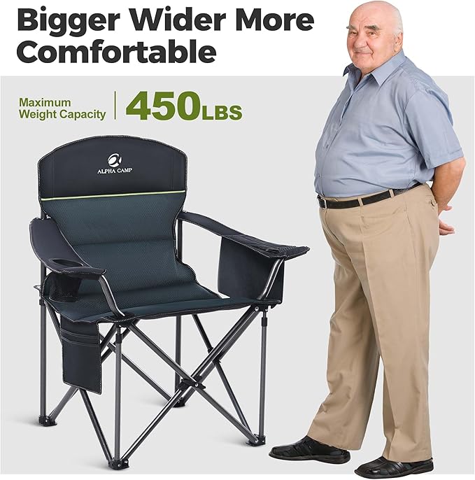 ALPHA CAMP Heavy Duty Camping Chair 500LBS Capacity, Oversized Folding Chair for Heavy People, Padded Portable Outdoor Chair with Cooler Bag & Cup Holder for Camping, Fishing, Beach - Image 4