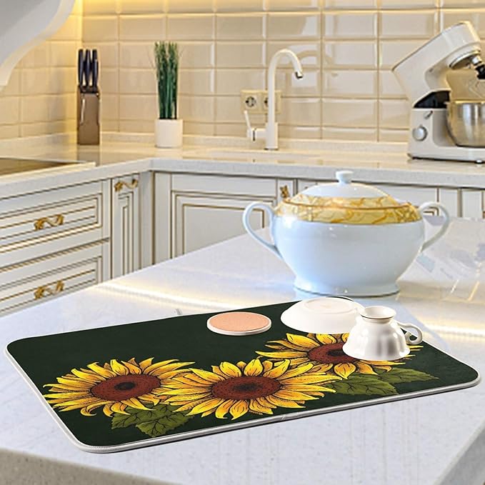 ALAZA Sunflower with Leaves On Dark Dish Drying Mat - Image 6