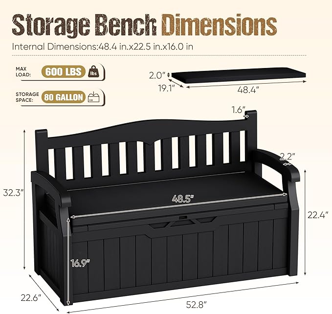 80-Gallon Outdoor Storage Bench with Cushion, Lockable Waterproof Deck Box with Armrests for Patio, Garden, Pool, Black - Image 3
