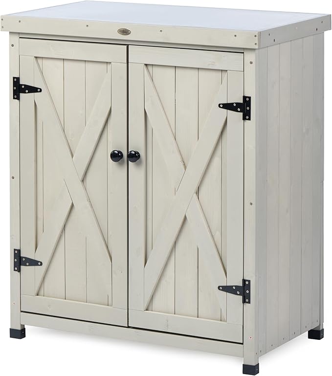 HABAU Outdoor Storage Cabinets Weatherproof for Patio, Garden Work Bench with Shelves & Metal Tabletop, Wooden Potting Table Workstation by HABAU
