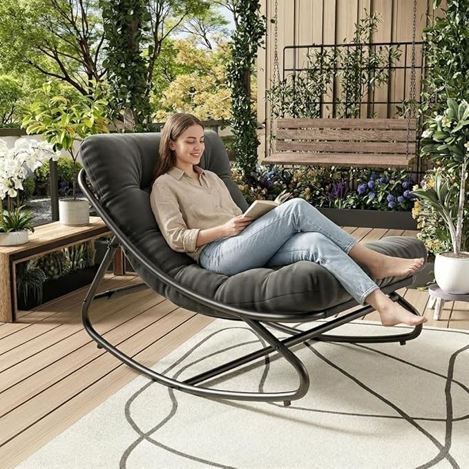 IDEALHOUSE Outdoor Rocking Chair with Metal Frame, Adjustable Papasan Rocker, Waterproof Comfy Cushion, 450lbs Capacity, for Patio, Porch, Garden, Living Room, Dark Grey by IDEALHOUSE