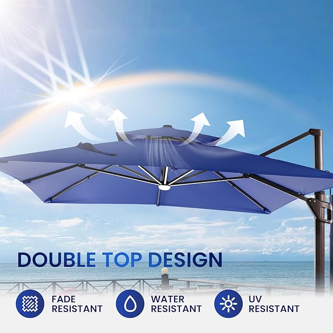 10 X 13 FT Cantilever Patio Umbrella with LED Lights Outdoor Heavy Duty Double Top Windproof Rectangle Offset Umbrellas with 360-degree Rotation for Pool Deck Backyard, Navy - Image 8