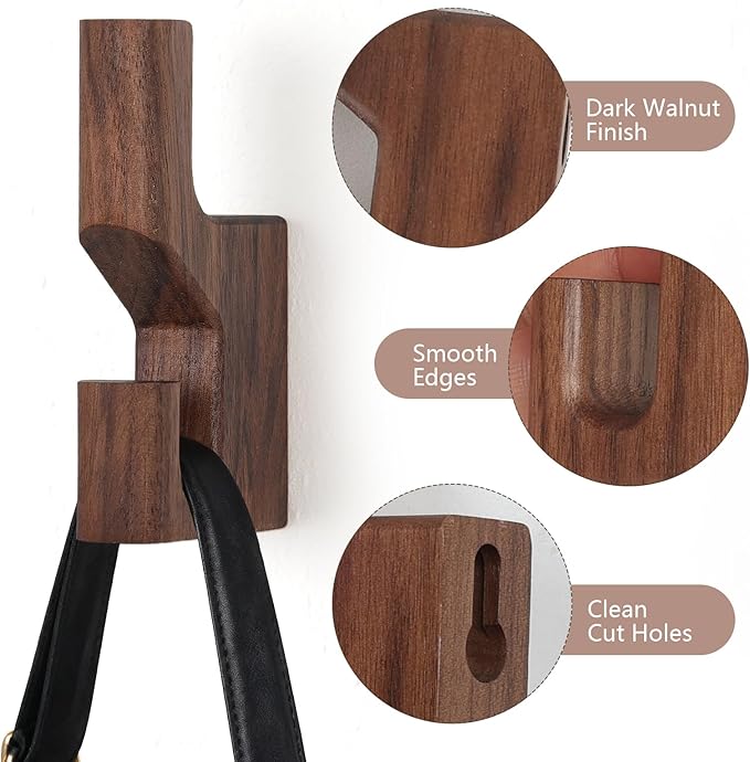 Walnut Wood Wall Peg Rack Hooks 2 Pack, Natural Wooden Coat Hooks Wall Mounted - Image 4