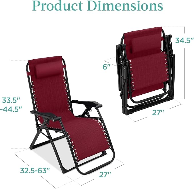 Best Choice Products Oversized Zero Gravity Chair, Folding Outdoor Patio Recliner, XL Anti Gravity Lounger w/Removable Cushion, Cup Holder, Side Tray, 350lb Capacity - Burgundy - Image 2