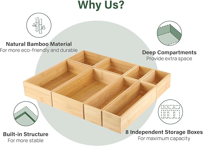 Kootek 8 Pcs Bamboo Drawer Organizer Utensil Tray Kitchen Storage Box 4-Size - Image 3