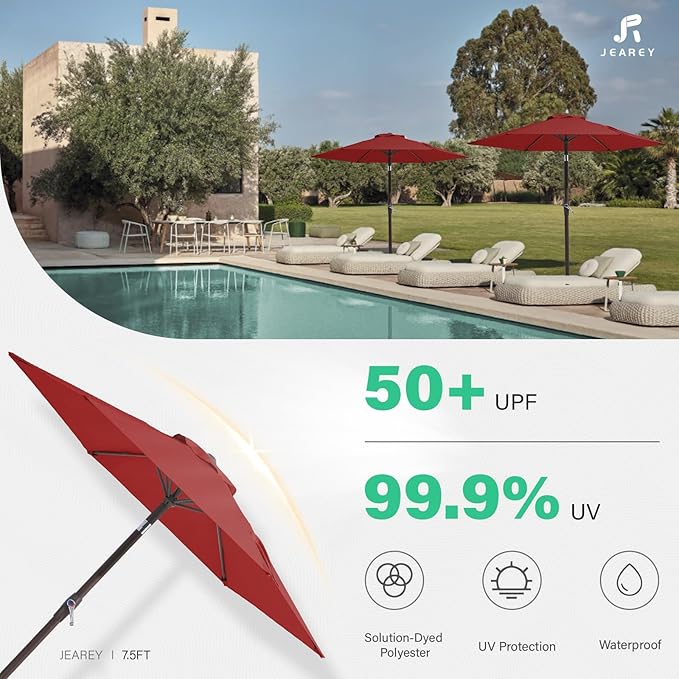 JEAREY 7.5FT Patio Umbrella Outdoor Market Umbrella with 6 Sturdy Ribs, Push Button Tilt/Crank Table Umbrella for Garden, Deck, Backyard and Pool, Red - Image 6