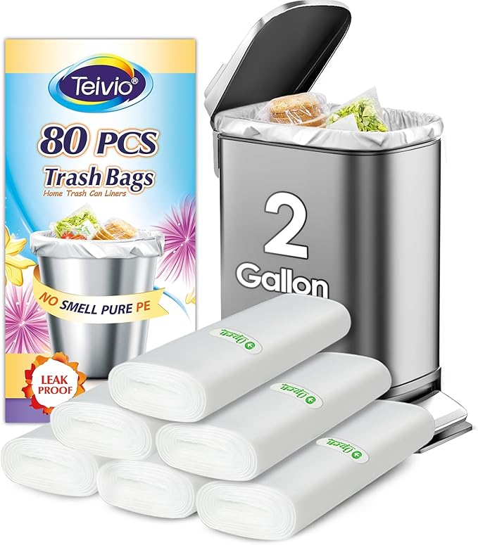 2 Gallon 80 Counts Strong Trash Bags Garbage Bags by Teivio, Bathroom Trash Can by Teivio