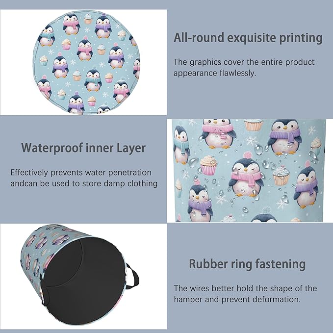 Cute Penguin Laundry Basket, Snowflake Cake Foldable Oxford Cloth Tote Bag - Image 5
