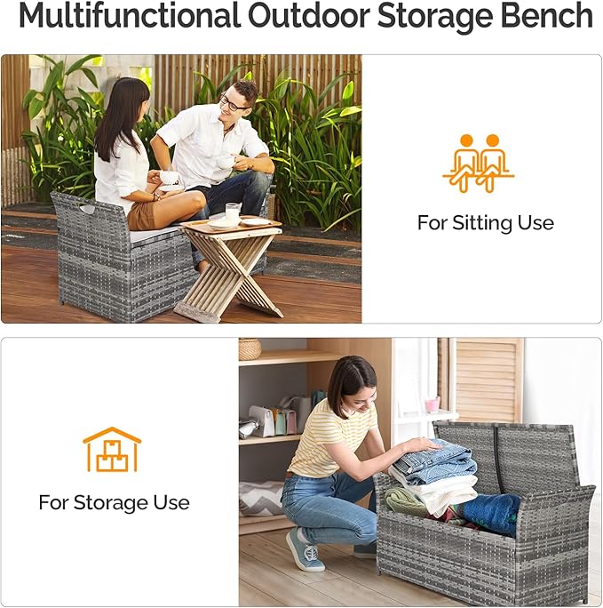 VINGLI 40 Gallon Outdoor Storage Bench with Cushion, Rattan Storage Box, Patio Wicker Deck Box with Seat for Garden | Balcony | Porch | Pool | Yard (Grey Frame + Light Grey Cushion) - Image 4