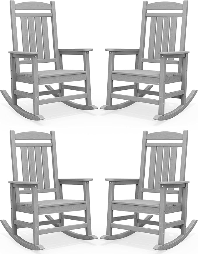 SERWALL HDPE Outdoor Rocking Chair Set of 4, Oversized Patio Rocking Chairs, All-Weather Porch Rockers for Adults, Light Gray by SERWALL