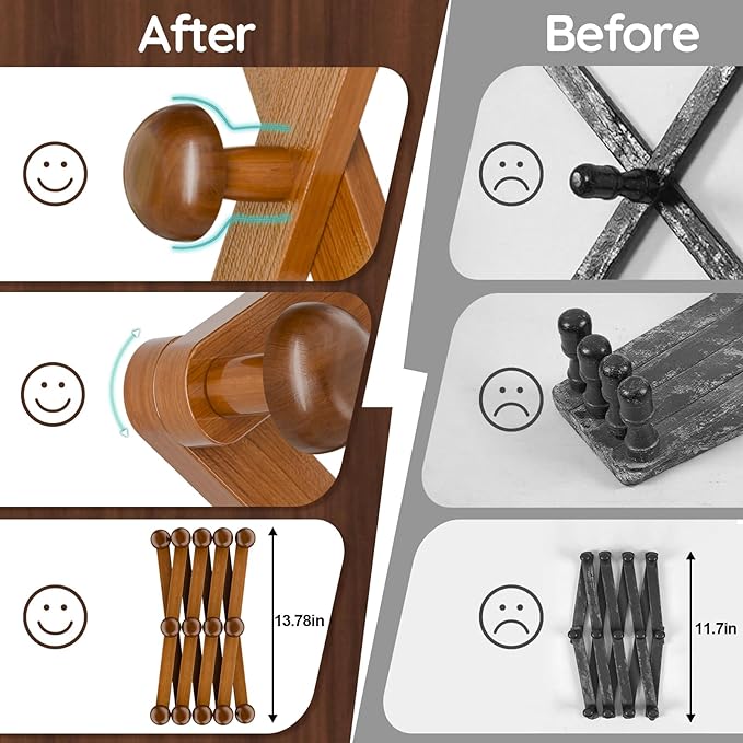 WGFKVAS Hat Rack for Wall with 14 Hooks, Solid Wooden, Expandable Coat Rack - Image 3