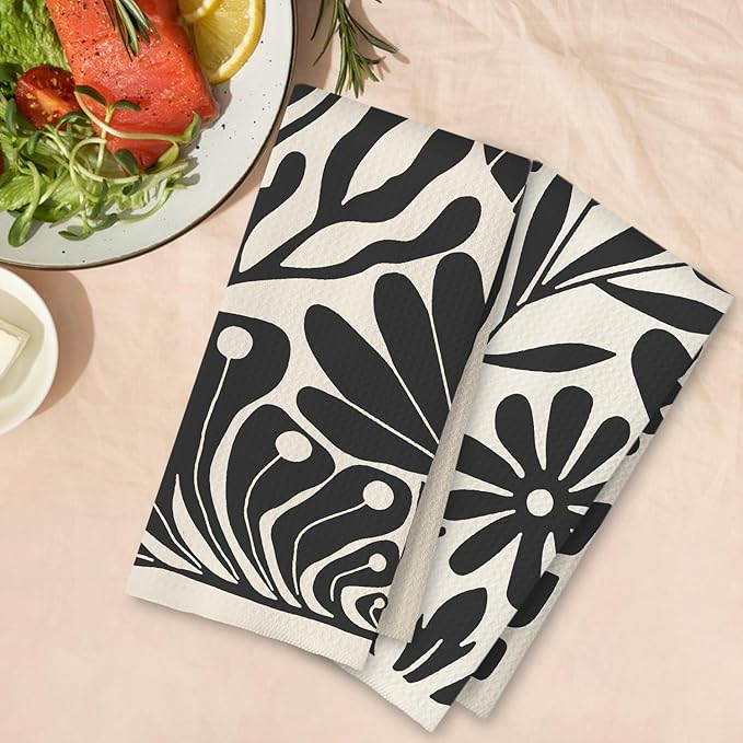 Abstract Boho Neutral Floral Kitchen Towels Set of 2, 70s Retro Groovy Beige - Image 4