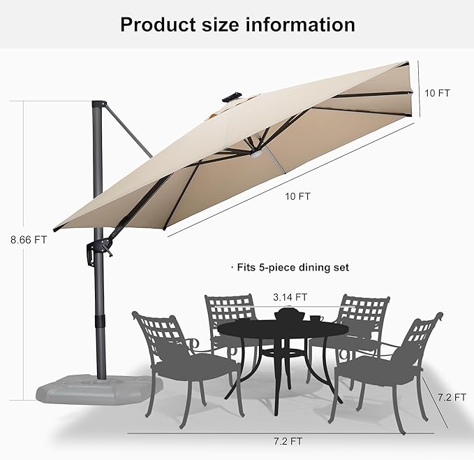 PURPLE LEAF 10 Feet Patio Umbrella with Base Outdoor Cantilever Solar Powered LED Square Umbrella Aluminum Offset Umbrella with 360-degree Rotation for Garden Deck Pool Patio, Beige - Image 8