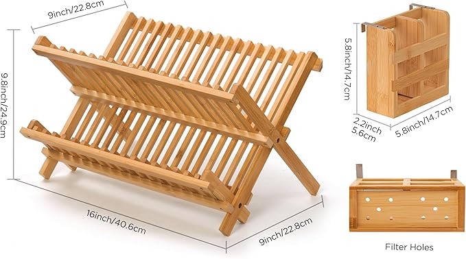 Bamboo Dish Drying Rack with Utensil Holder, 2 Tier Collapsible Dish Rack - Image 2
