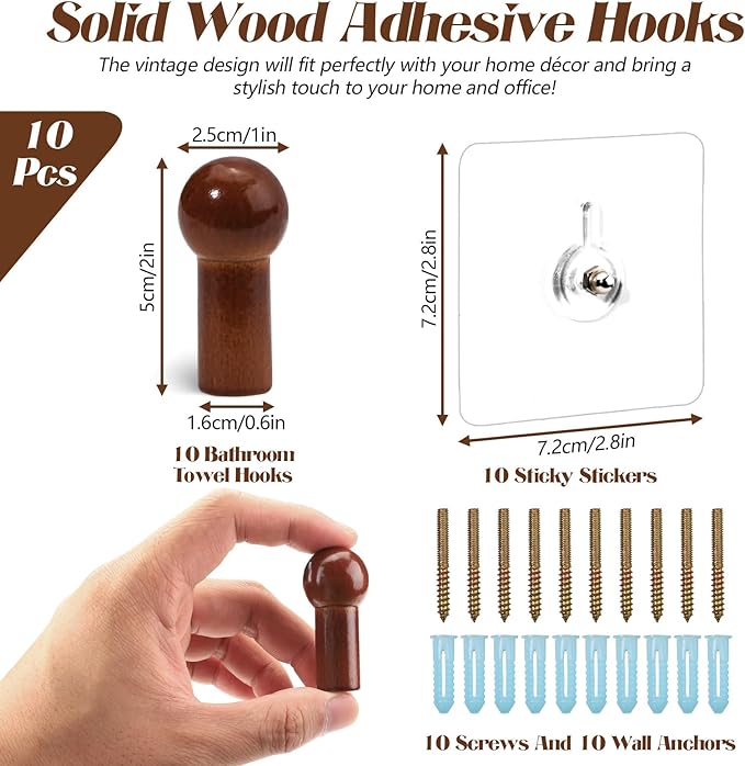 10Pcs Wood Wall Hooks, Natural Wooden Coat Hooks Wall Mounted, Rustic - Image 2