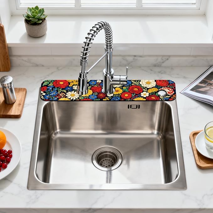 2 Pcs Kitchen Sink Splash Guard Faucet Mats Vintage Colored Flowers Pattern - Image 3