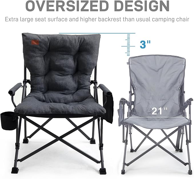 EVER ADVANCED Padded Oversized Folding Camping Chair for Adults, Heavy Duty Lawn Chair with Side Pockets, Portable Collapsible Quad Chair for Outside, Support Up to 500lbs, Black - Image 3