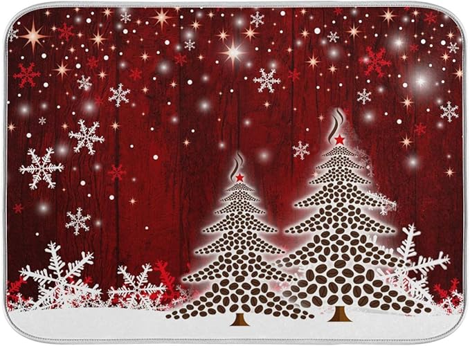 Christmas Tree Dish Drying Mat 16x18 inch Xmas New Year Snowflake Wooden Dish by Wamika