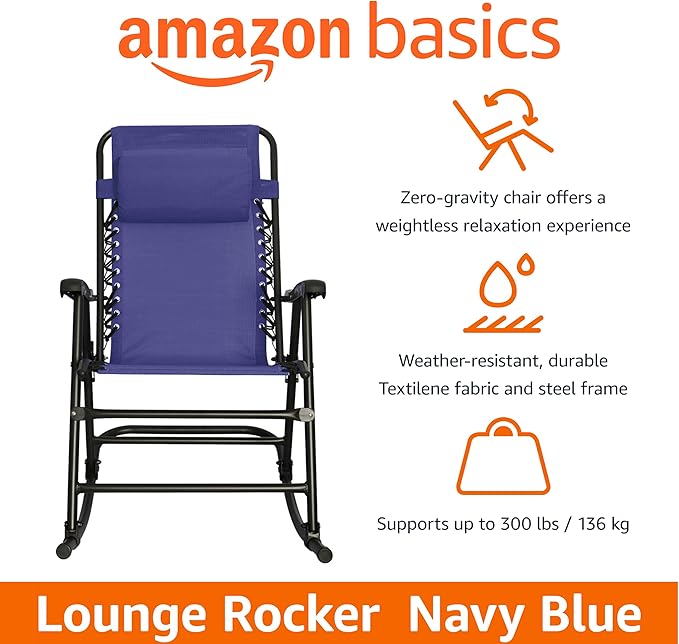 Amazon Basics Outdoor Portable Folding Rocking Chair with Headrest, Ergonomic Design, Weather-resistant Textilene Fabric for Porch, Blue - Image 3