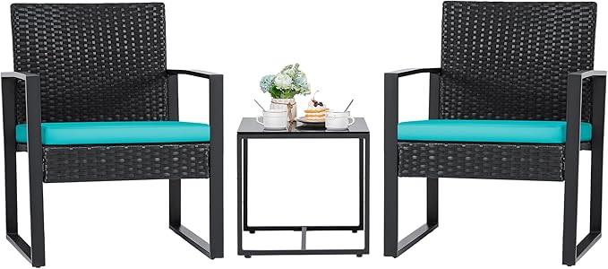 Flamaker Patio Set Outdoor Wicker Furniture, Modern Bistro Set with Rattan Chair and Coffee Table for Yard (Blue) by Flamaker