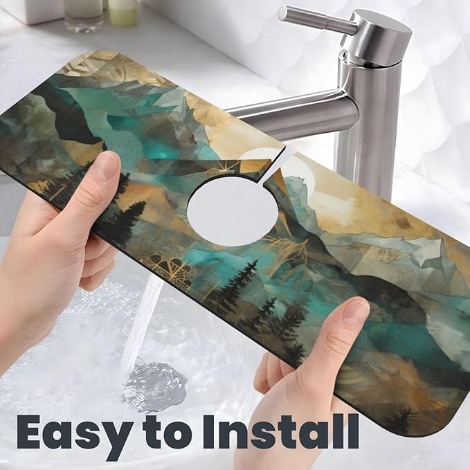 Kitchen Sink Splash Guard Faucet Mat Mountains Trees Landscape Sunrise 15"x5.5" - Image 6