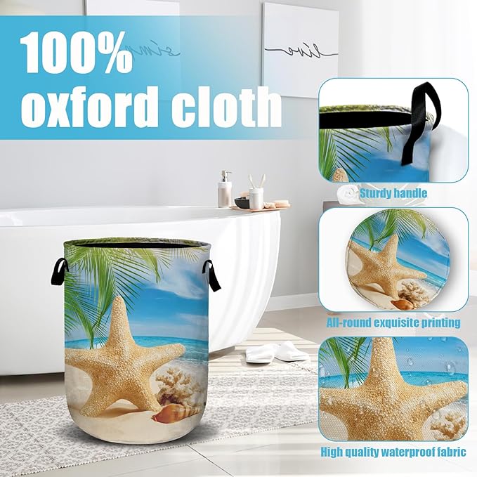 Starfish Seashell Laundry Basket, Ocean Sea Beach Laundry Hamper Collapsible - Image 4