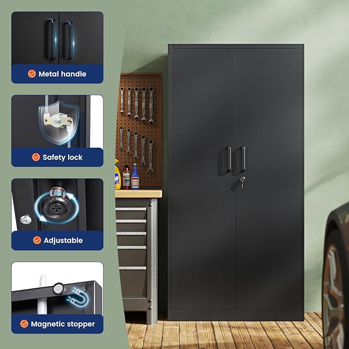 Yizosh Metal Storage Cabinet with Lock - 72" Garage Storage Cabinet with 2 Locking Doors and 5 Adjustable Shelves, Black Steel Lockable for Office,Home,Garage - Image 4