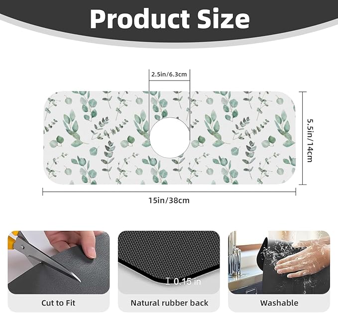 Watercolor Sage Green Grass Leaves Kitchen Sink Splash Guard Faucet Mat Super - Image 2