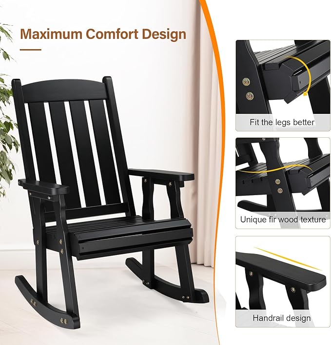 VINGLI Outdoor Rocking Chair Set of 2, Heavy Duty 600 LBS Wooden Rocking Chair with Comfortable Backrest, Weatherproof Rocker with Ergonomic Design, Suit for Patio, Garden, Yard, Black - Image 6