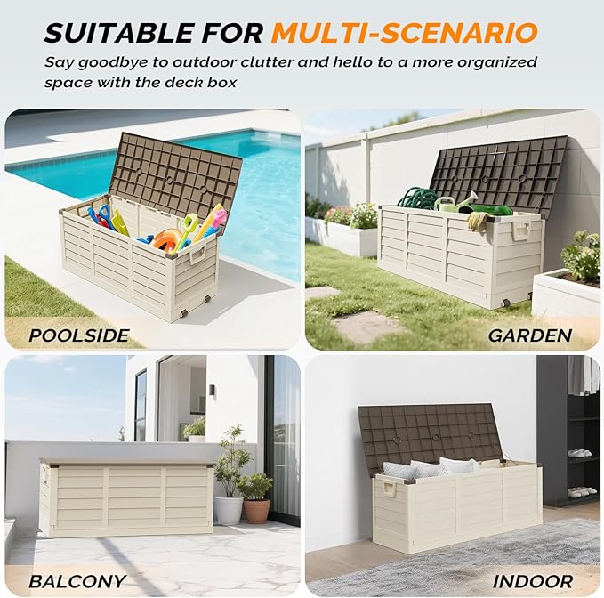 VINGLI 75 Gallon Collapsible Outdoor Storage Box, Simple-to-assemble Plastic Storage Containers with Lid, Patio Deck Box Furniture for Garden, Pool, Balcony, Yard (Coffee) - Image 7