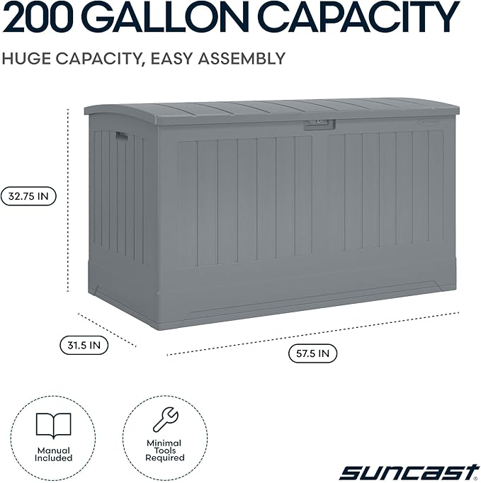 Suncast 200-gal. All-Weather Patio Deck Box, Made in the USA, with Pad-Lockable Lid, Extra-Large Outdoor Storage Unit for Patio Furniture and Grill Tools, Dove Gray Color - Image 3
