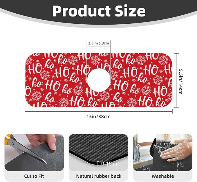 Christmas Snowflake Ho Red Buffalo Plaid Kitchen Sink Splash Guard Faucet Mat 1 - Image 2