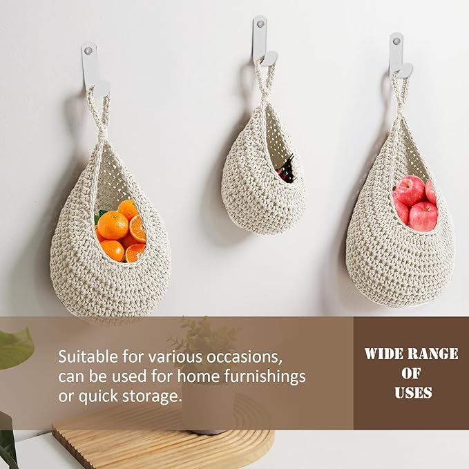 Hanging Fruit Large Basket Set of 3, Boho Wall Hanging Storage Basket - Image 6