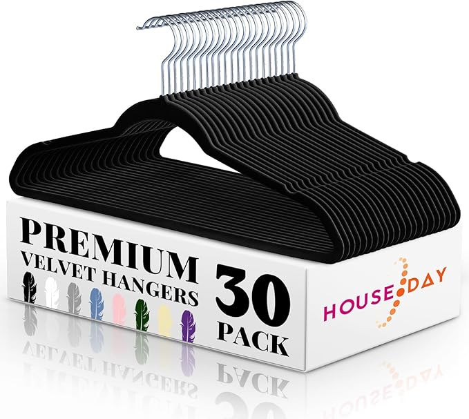 HOUSE DAY Premium Velvet Hangers 30 Pack Black, Non-Slip Flocked Felt Hangers by HOUSEDAY