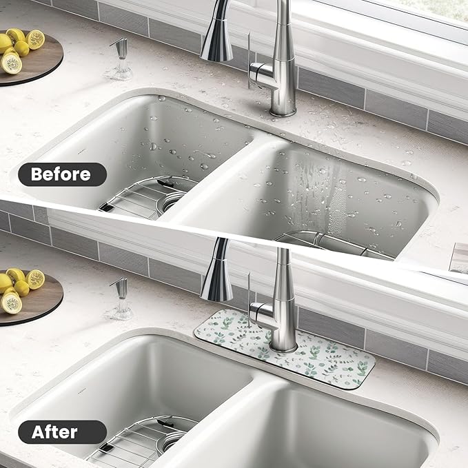 Watercolor Sage Green Grass Leaves Kitchen Sink Splash Guard Faucet Mat Super - Image 4