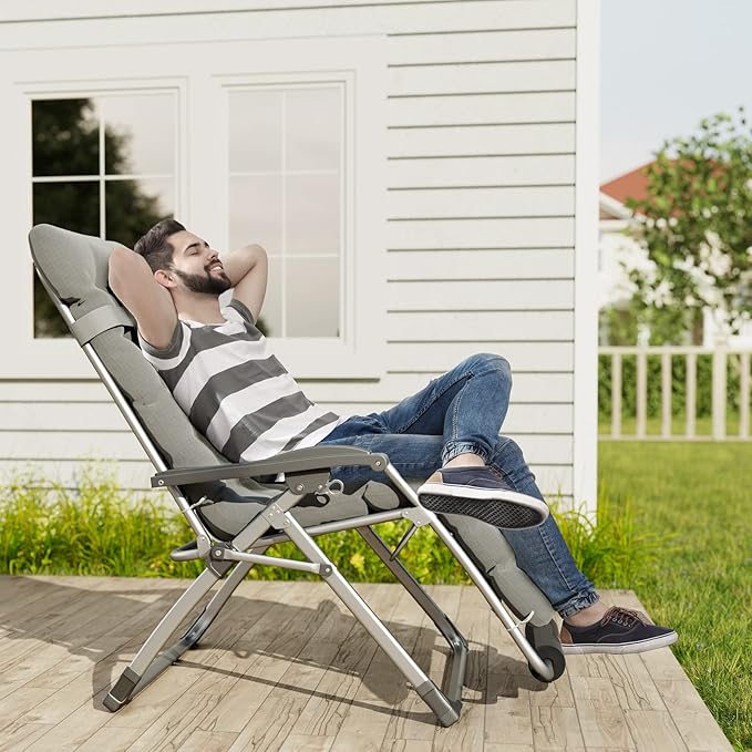 UDPATIO Oversized Zero Gravity Chair Set of 2, 33In XXL Patio Reclining Chair with Cushion, Outdoor Folding Recliner with Pillows|Cup Holder|Foot Rest|Padded Headrest, Grey, Support 500LB - Image 2